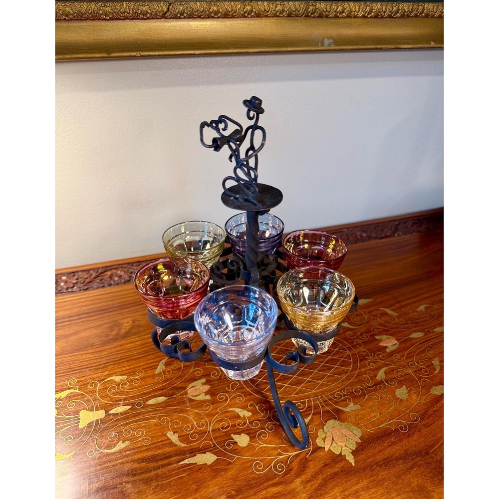 Vintage Cordial Glass Set • Dancing Couple Bar Caddy with 6 Colorful Glasses - Picture 16 of 17